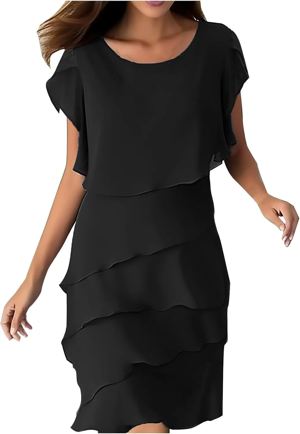 DDAPJ pyju Womens Chiffon Wedding Guest Dresses Flowy Tiered Midi Dress Plus Size Crewneck Cap Sleeve Party Cocktail Dress