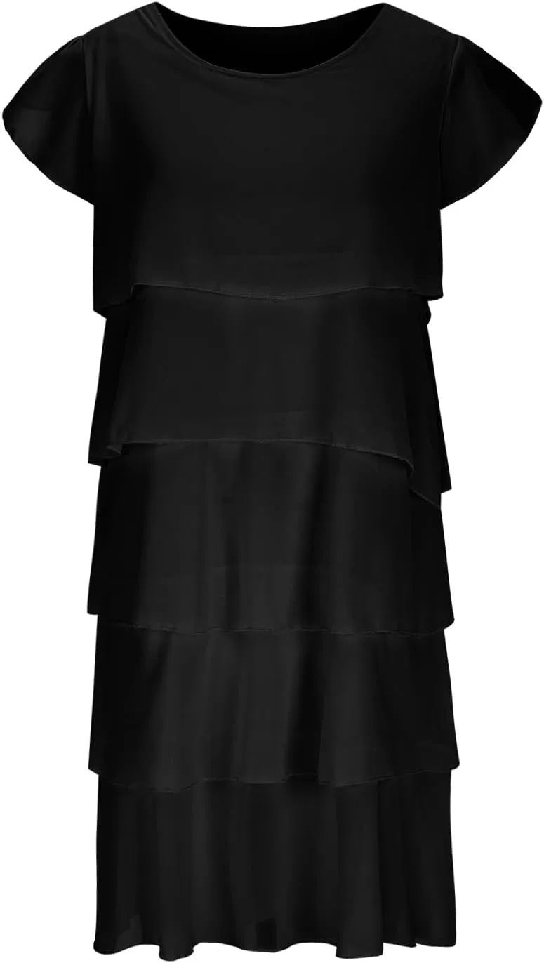 DDAPJ pyju Womens Chiffon Wedding Guest Dresses Flowy Tiered Midi Dress Plus Size Crewneck Cap Sleeve Party Cocktail Dress