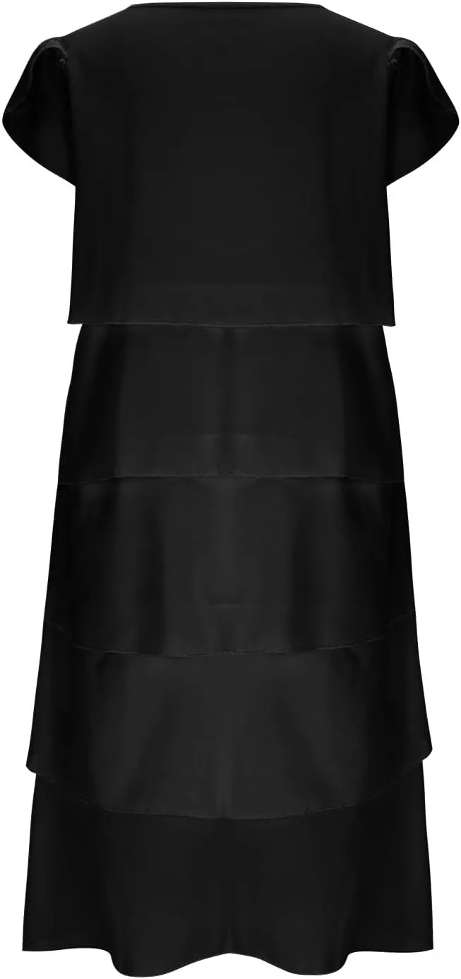 DDAPJ pyju Womens Chiffon Wedding Guest Dresses Flowy Tiered Midi Dress Plus Size Crewneck Cap Sleeve Party Cocktail Dress