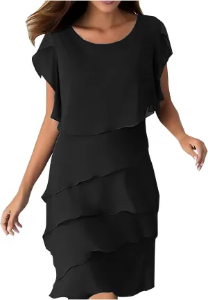 DDAPJ pyju Womens Chiffon Wedding Guest Dresses Flowy Tiered Midi Dress Plus Size Crewneck Cap Sleeve Party Cocktail Dress