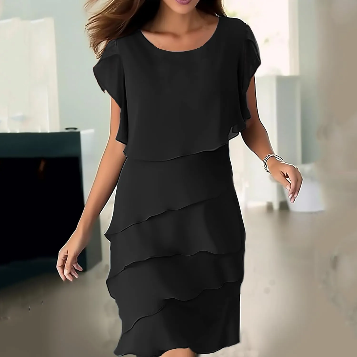 DDAPJ pyju Womens Chiffon Wedding Guest Dresses Flowy Tiered Midi Dress Plus Size Crewneck Cap Sleeve Party Cocktail Dress