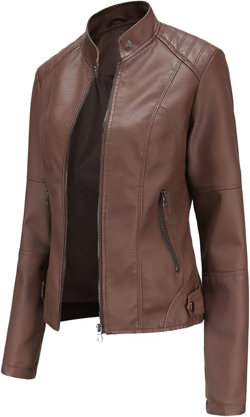 DEAR MODEL Faux Leather Jacket Women Bomber Jacket Women's Belted Motorcycle Jacket