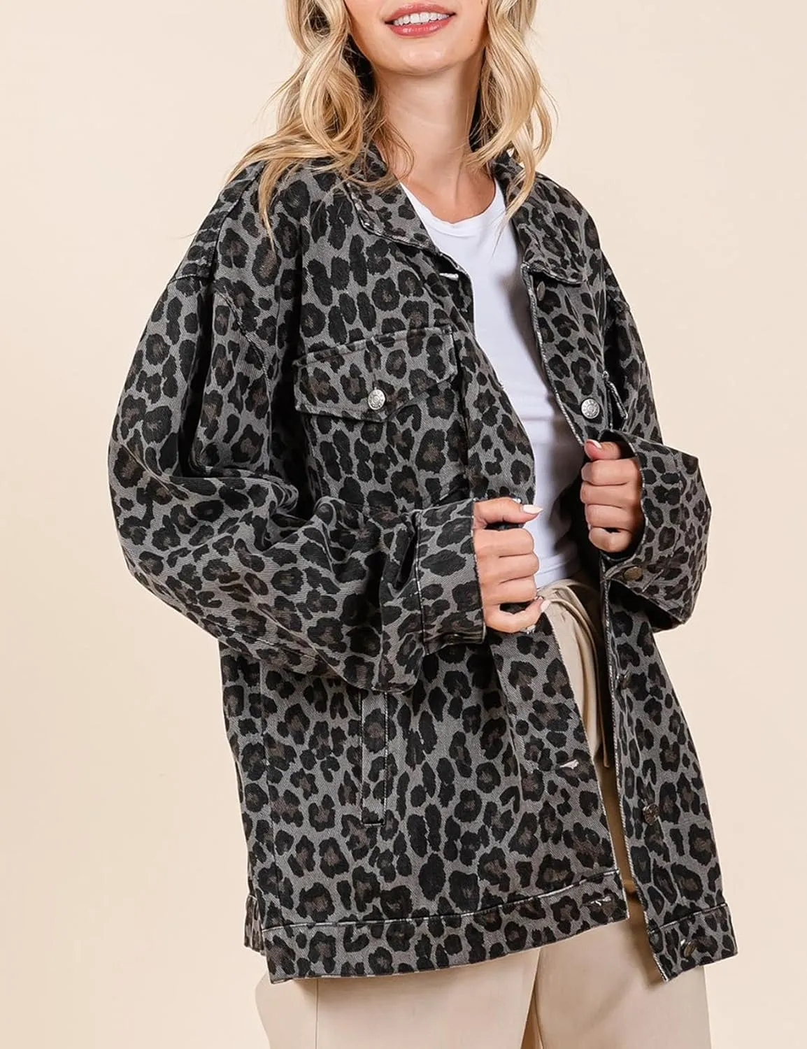 Denim Jacket for Women Leopard Print Jacket Cheetah Denim Bomber Jacket Retro Button-up Front Print Tops