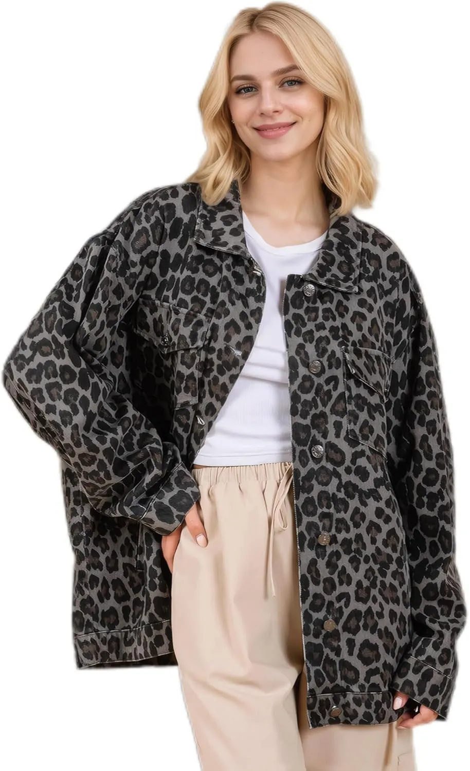 Denim Jacket for Women Leopard Print Jacket Cheetah Denim Bomber Jacket Retro Button-up Front Print Tops
