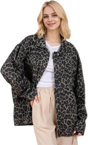 Denim Jacket for Women Leopard Print Jacket Cheetah Denim Bomber Jacket Retro Button-up Front Print Tops