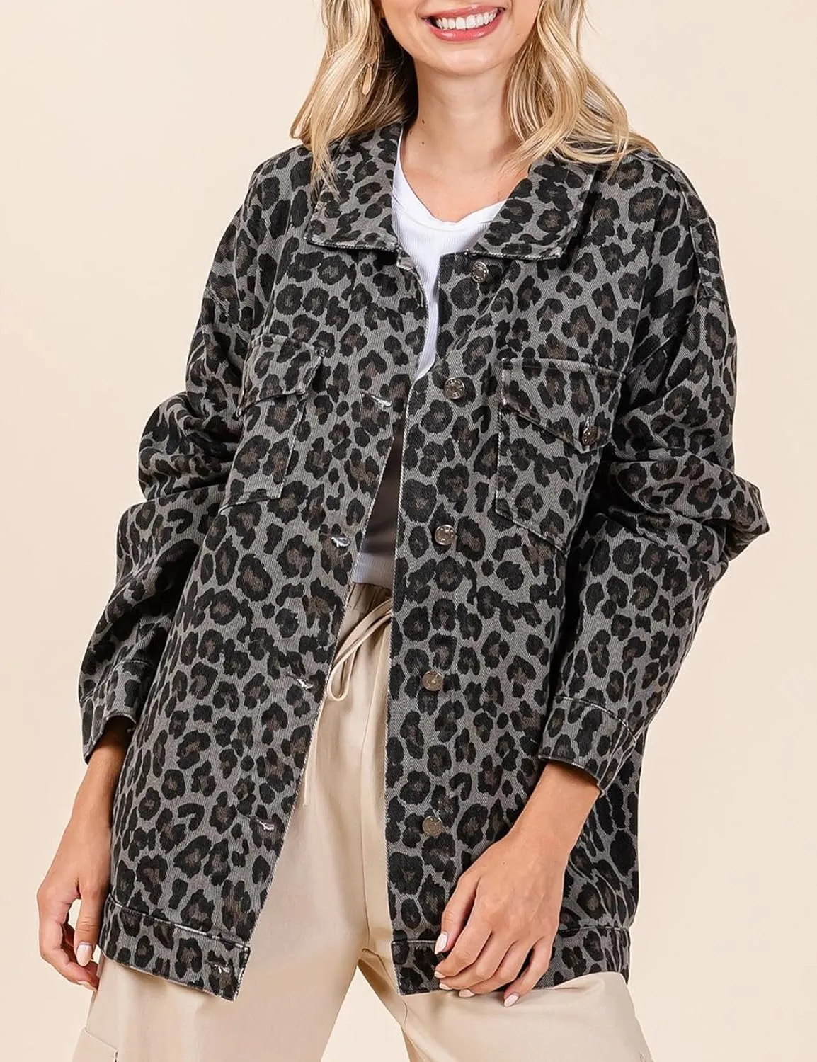 Denim Jacket for Women Leopard Print Jacket Cheetah Denim Bomber Jacket Retro Button-up Front Print Tops