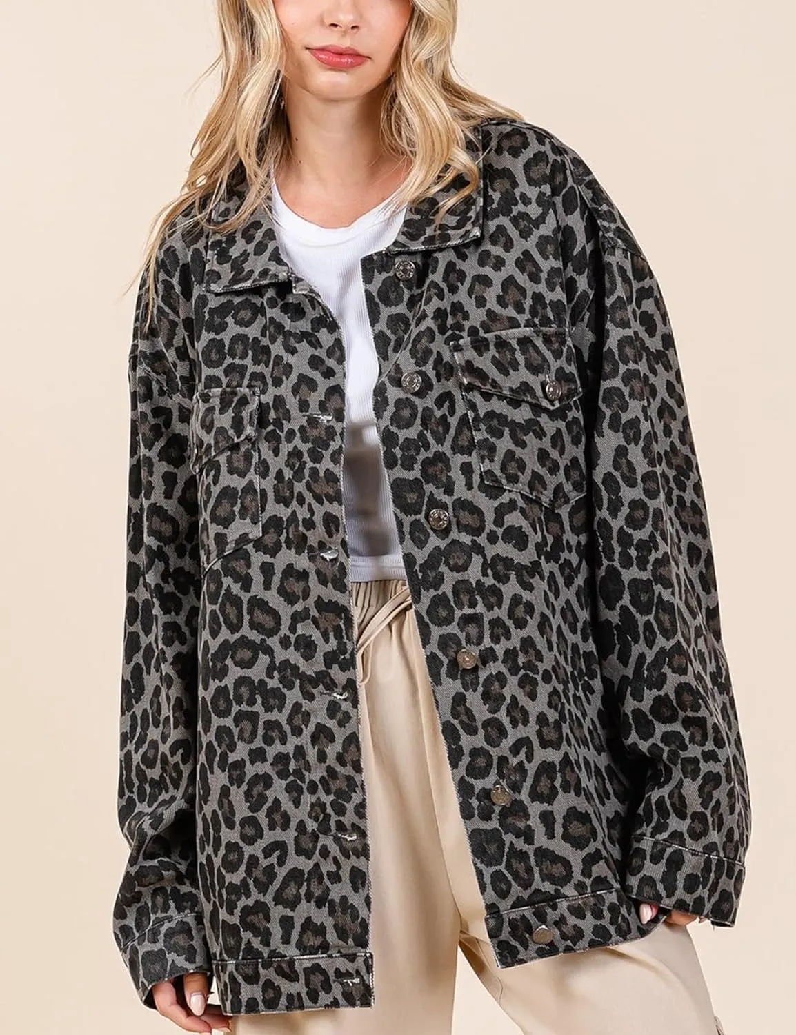 Denim Jacket for Women Leopard Print Jacket Cheetah Denim Bomber Jacket Retro Button-up Front Print Tops