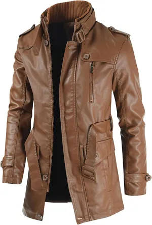 DGHM-JLMY Leather Coats For Men Fall Winter Style Long Leather Jacket Vintage Leisure Stand Collar Windbreaker Coat
