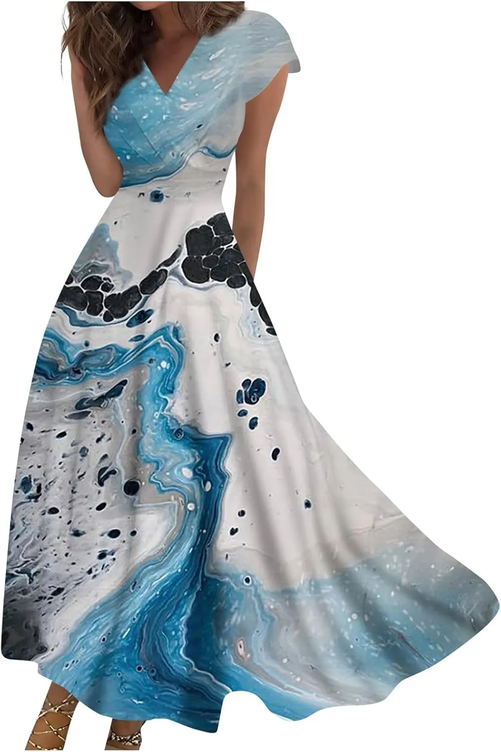 Dresses for Women 2024 Elegant Flowy Sundresses Wrap V Neck Floral Print Beach Dress Cap Sleeve Comfy Long Dresses