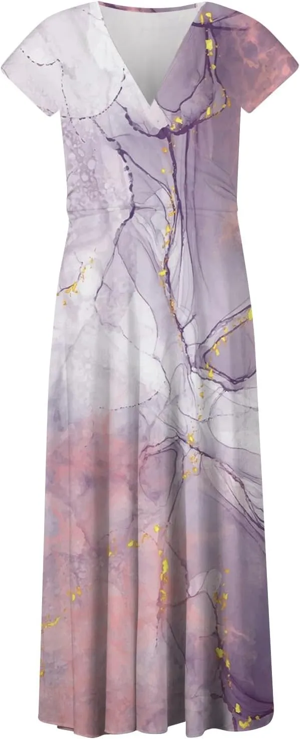 Dresses for Women 2024 Elegant Flowy Sundresses Wrap V Neck Floral Print Beach Dress Cap Sleeve Comfy Long Dresses