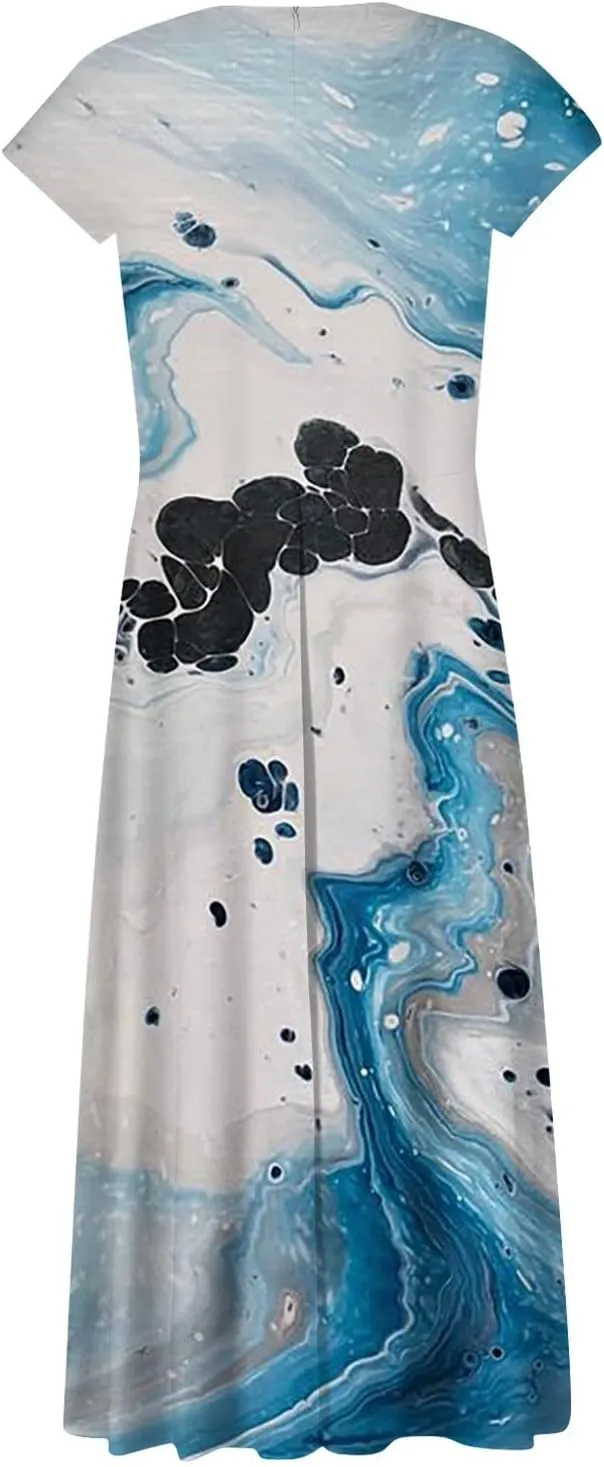 Dresses for Women 2024 Elegant Flowy Sundresses Wrap V Neck Floral Print Beach Dress Cap Sleeve Comfy Long Dresses