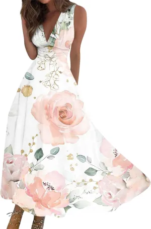 Dresses for Women 2024 Elegant Flowy Sundresses Wrap V Neck Floral Print Beach Dress Cap Sleeve Comfy Long Dresses