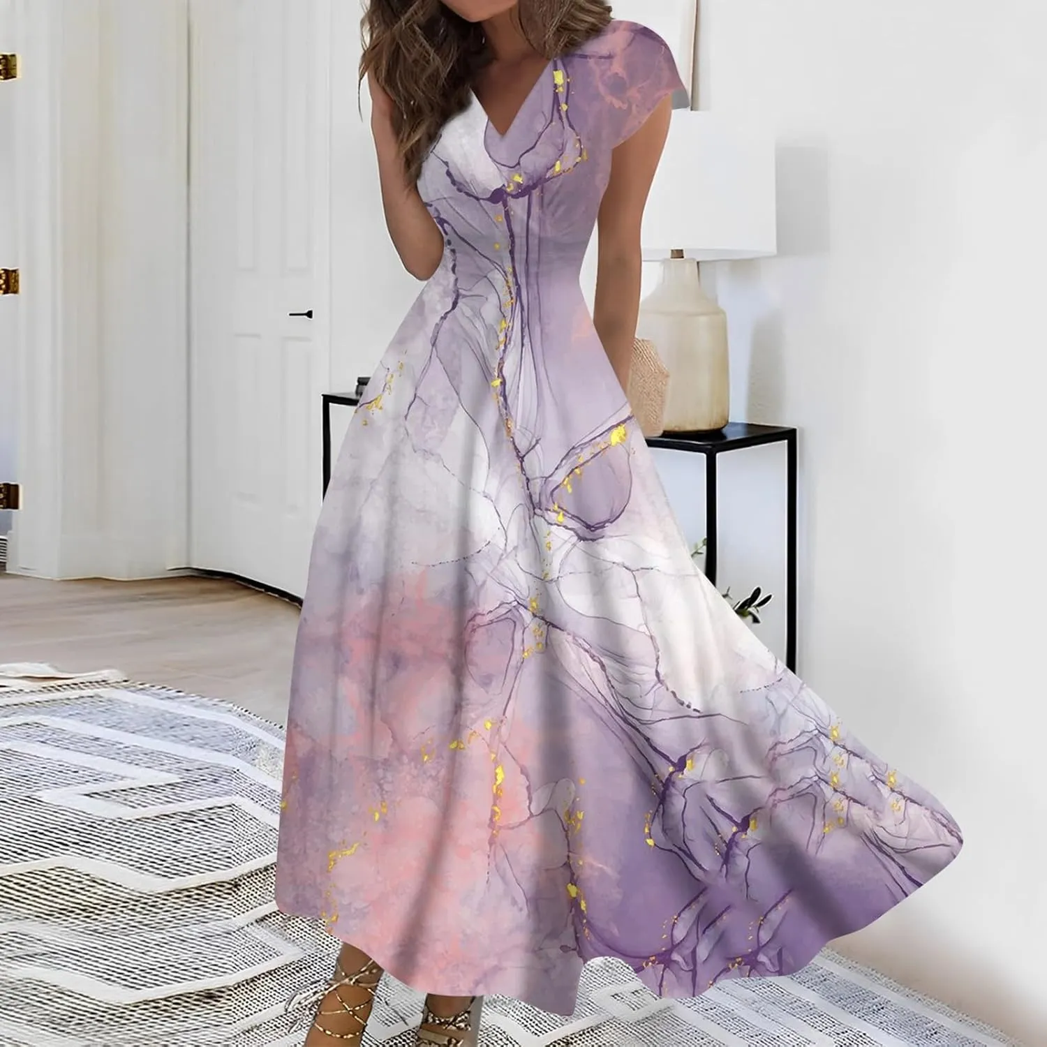 Dresses for Women 2024 Elegant Flowy Sundresses Wrap V Neck Floral Print Beach Dress Cap Sleeve Comfy Long Dresses