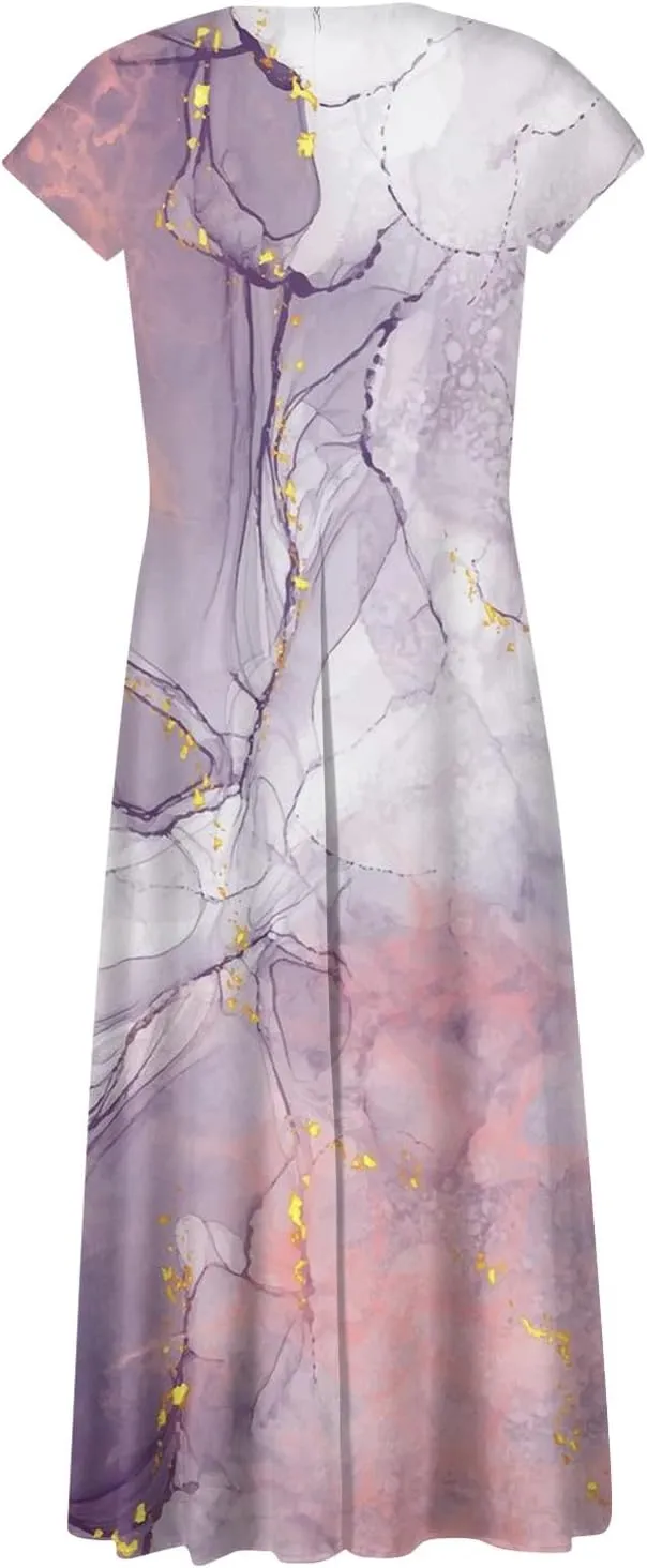 Dresses for Women 2024 Elegant Flowy Sundresses Wrap V Neck Floral Print Beach Dress Cap Sleeve Comfy Long Dresses