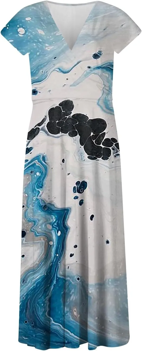 Dresses for Women 2024 Elegant Flowy Sundresses Wrap V Neck Floral Print Beach Dress Cap Sleeve Comfy Long Dresses