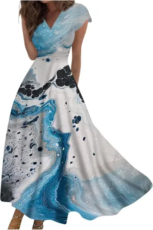 Dresses for Women 2024 Elegant Flowy Sundresses Wrap V Neck Floral Print Beach Dress Cap Sleeve Comfy Long Dresses