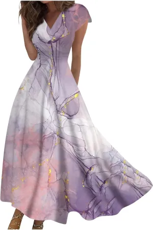 Dresses for Women 2024 Elegant Flowy Sundresses Wrap V Neck Floral Print Beach Dress Cap Sleeve Comfy Long Dresses