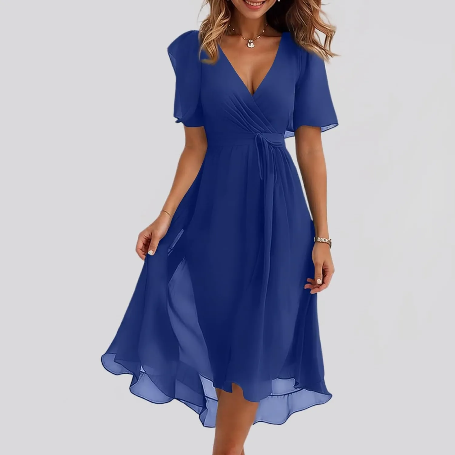 Dresses for Women 2025 Summer Print V-Neck Empire Waist Chiffon A-Line Dress Belted Elegant Flowy Dresses