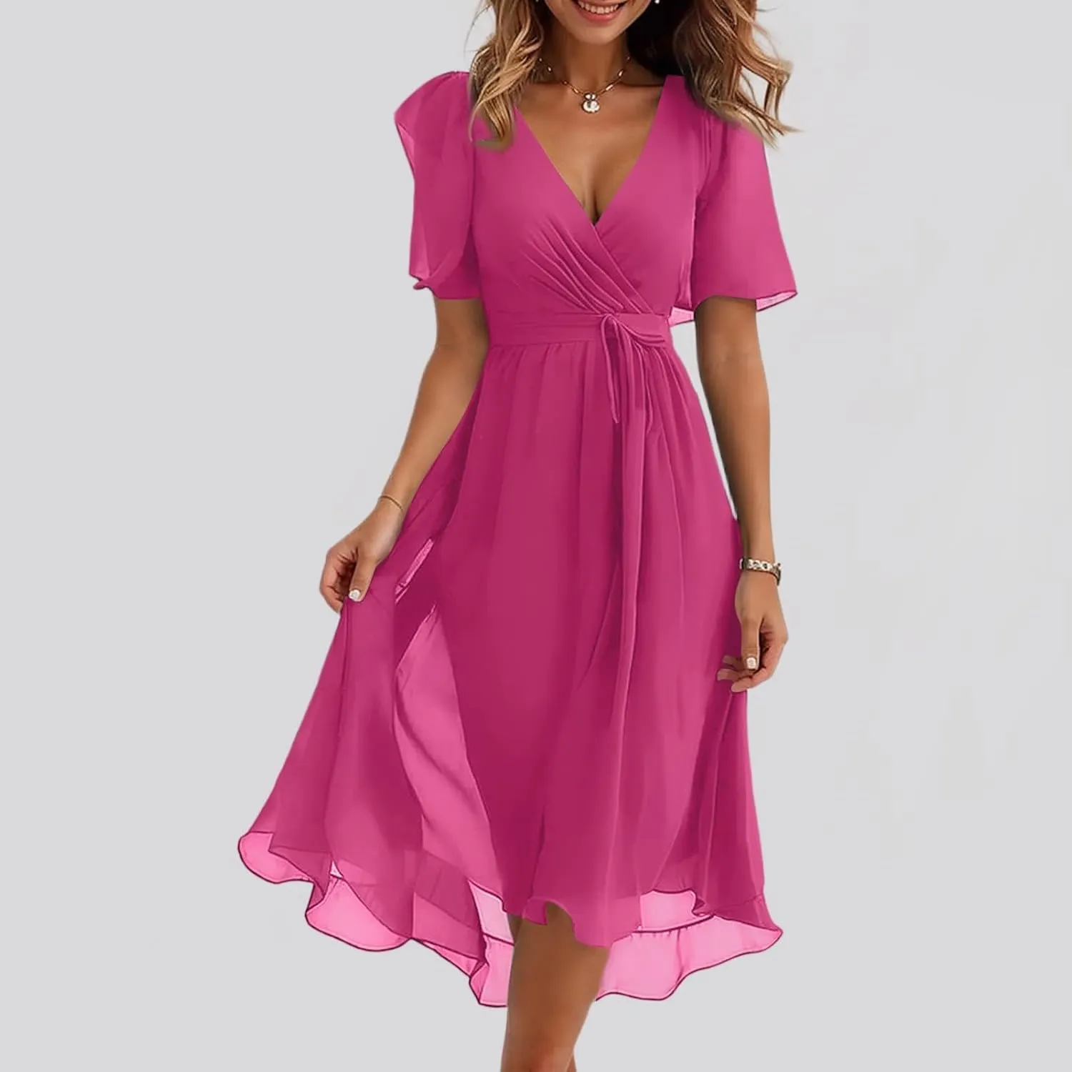 Dresses for Women 2025 Summer Print V-Neck Empire Waist Chiffon A-Line Dress Belted Elegant Flowy Dresses