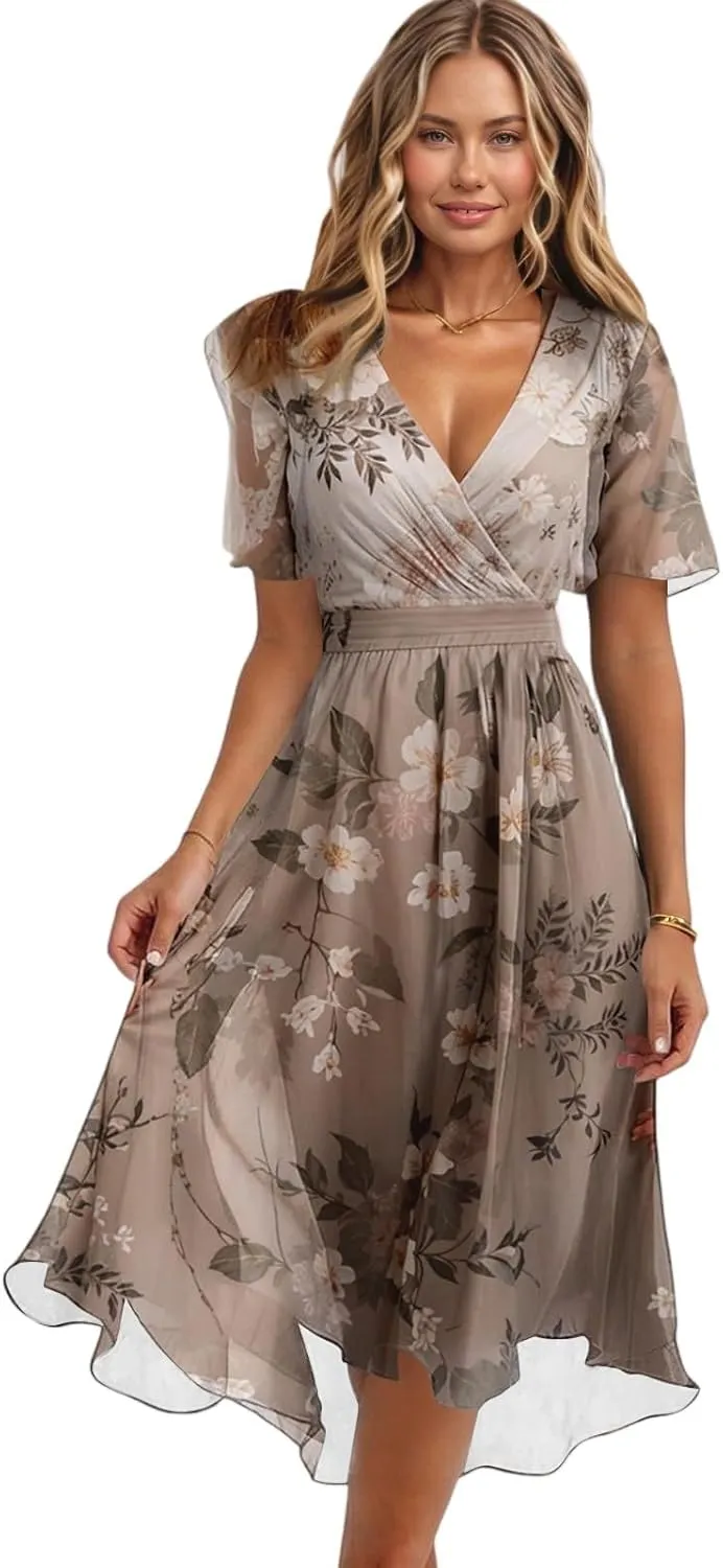 Dresses for Women 2025 Summer Print V-Neck Empire Waist Chiffon A-Line Dress Belted Elegant Flowy Dresses