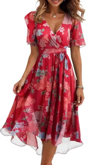 Dresses for Women 2025 Summer Print V-Neck Empire Waist Chiffon A-Line Dress Belted Elegant Flowy Dresses