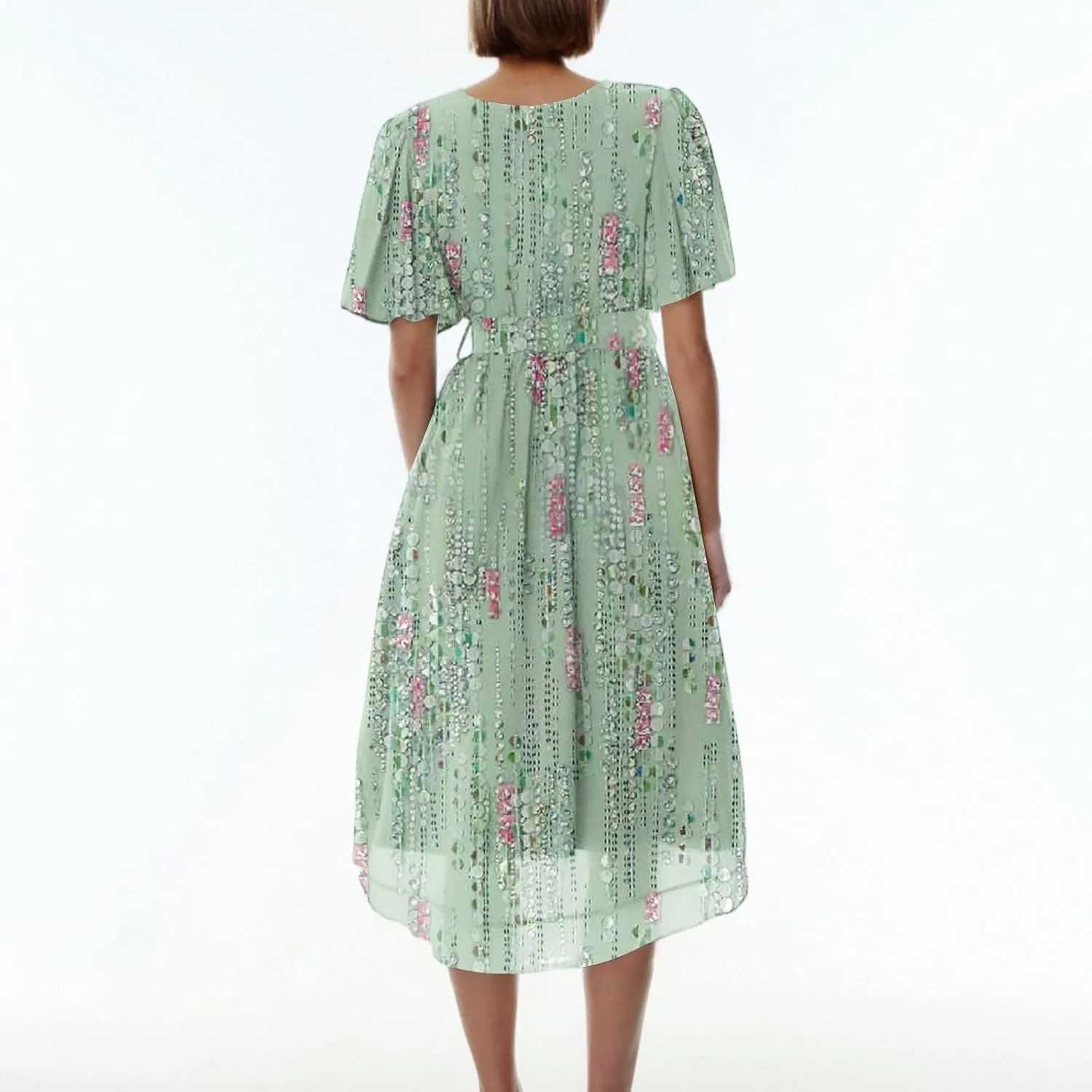 Dresses for Women 2025 Summer Print V-Neck Empire Waist Chiffon A-Line Dress Belted Elegant Flowy Dresses