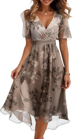 Dresses for Women 2025 Summer Print V-Neck Empire Waist Chiffon A-Line Dress Belted Elegant Flowy Dresses