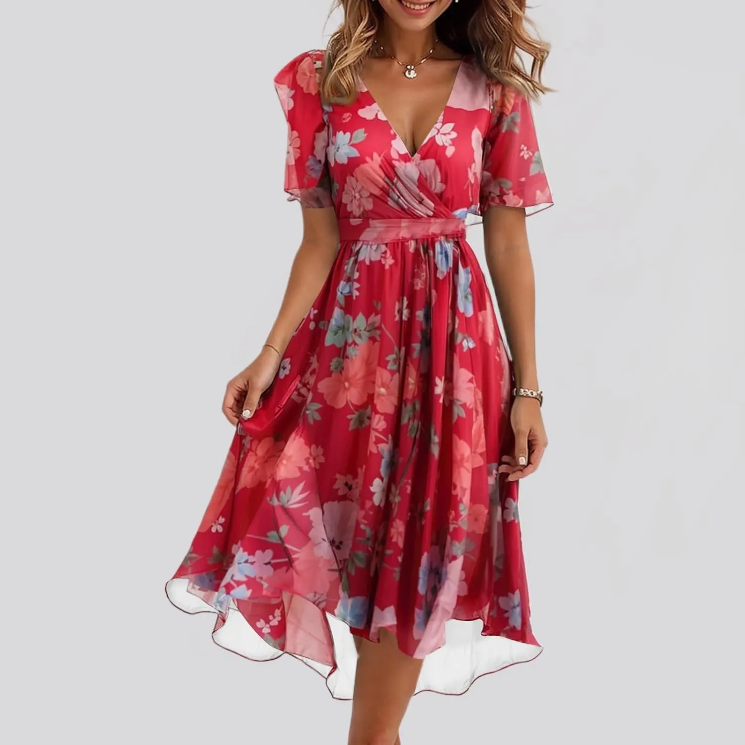 Dresses for Women 2025 Summer Print V-Neck Empire Waist Chiffon A-Line Dress Belted Elegant Flowy Dresses