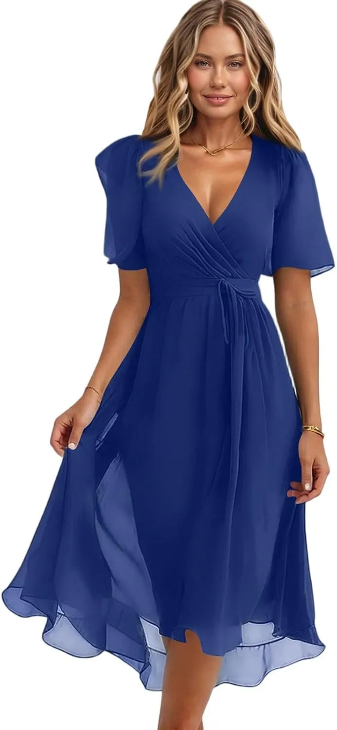 Dresses for Women 2025 Summer Print V-Neck Empire Waist Chiffon A-Line Dress Belted Elegant Flowy Dresses