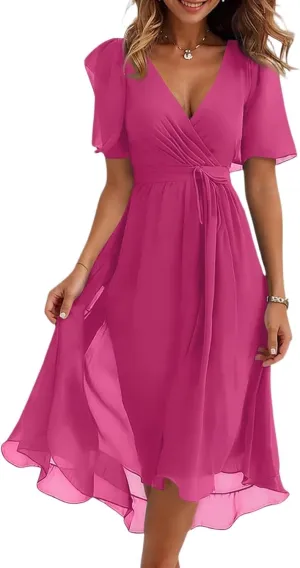 Dresses for Women 2025 Summer Print V-Neck Empire Waist Chiffon A-Line Dress Belted Elegant Flowy Dresses