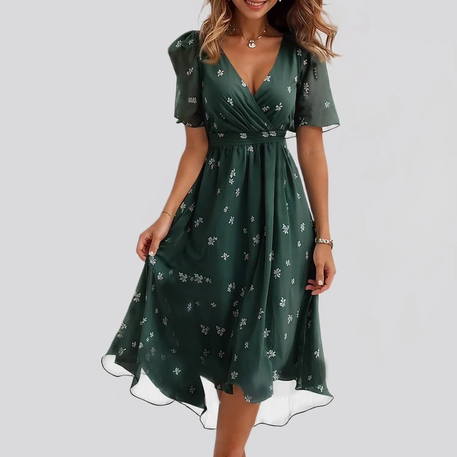Dresses for Women 2025 Summer Print V-Neck Empire Waist Chiffon A-Line Dress Belted Elegant Flowy Dresses