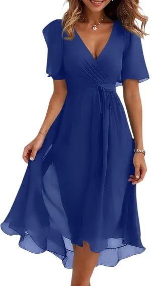 Dresses for Women 2025 Summer Print V-Neck Empire Waist Chiffon A-Line Dress Belted Elegant Flowy Dresses