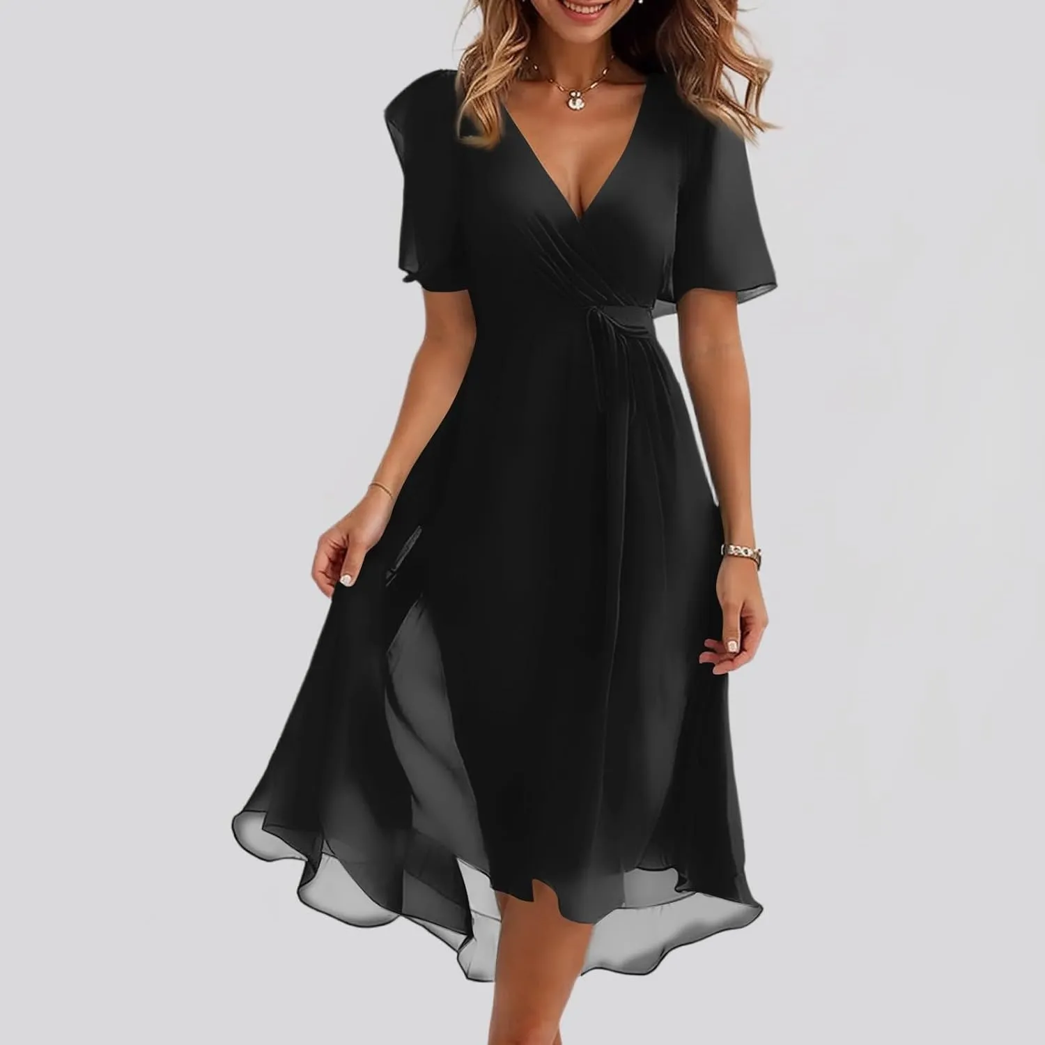 Dresses for Women 2025 Summer Print V-Neck Empire Waist Chiffon A-Line Dress Belted Elegant Flowy Dresses