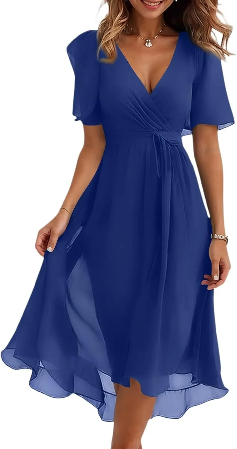 Dresses for Women 2025 Summer Print V-Neck Empire Waist Chiffon A-Line Dress Belted Elegant Flowy Dresses