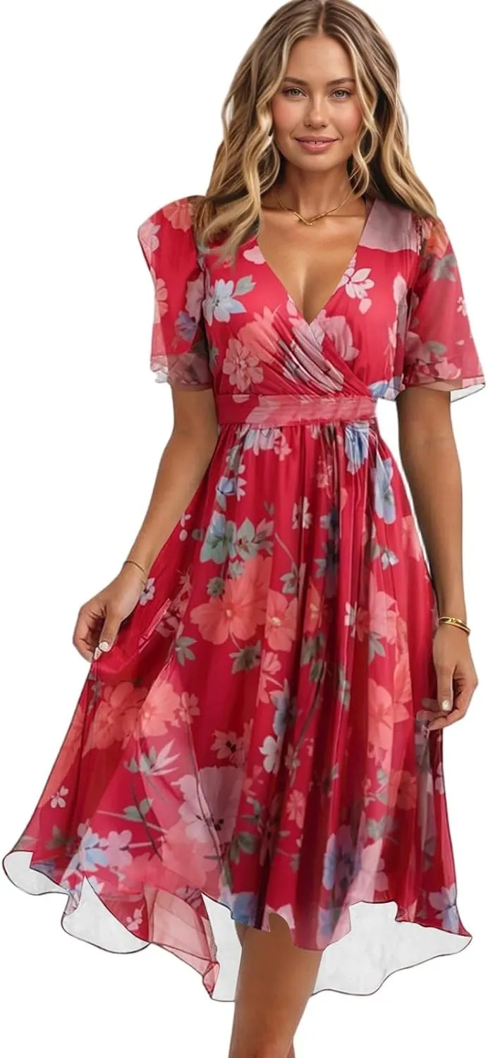 Dresses for Women 2025 Summer Print V-Neck Empire Waist Chiffon A-Line Dress Belted Elegant Flowy Dresses
