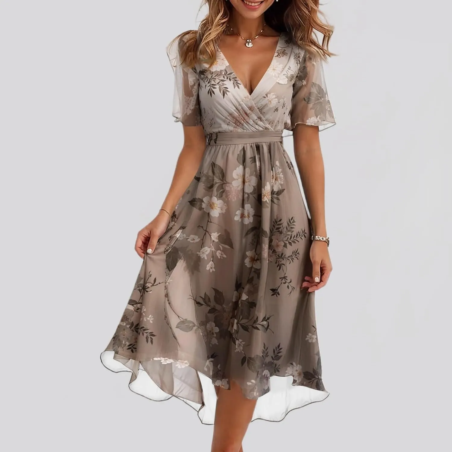 Dresses for Women 2025 Summer Print V-Neck Empire Waist Chiffon A-Line Dress Belted Elegant Flowy Dresses