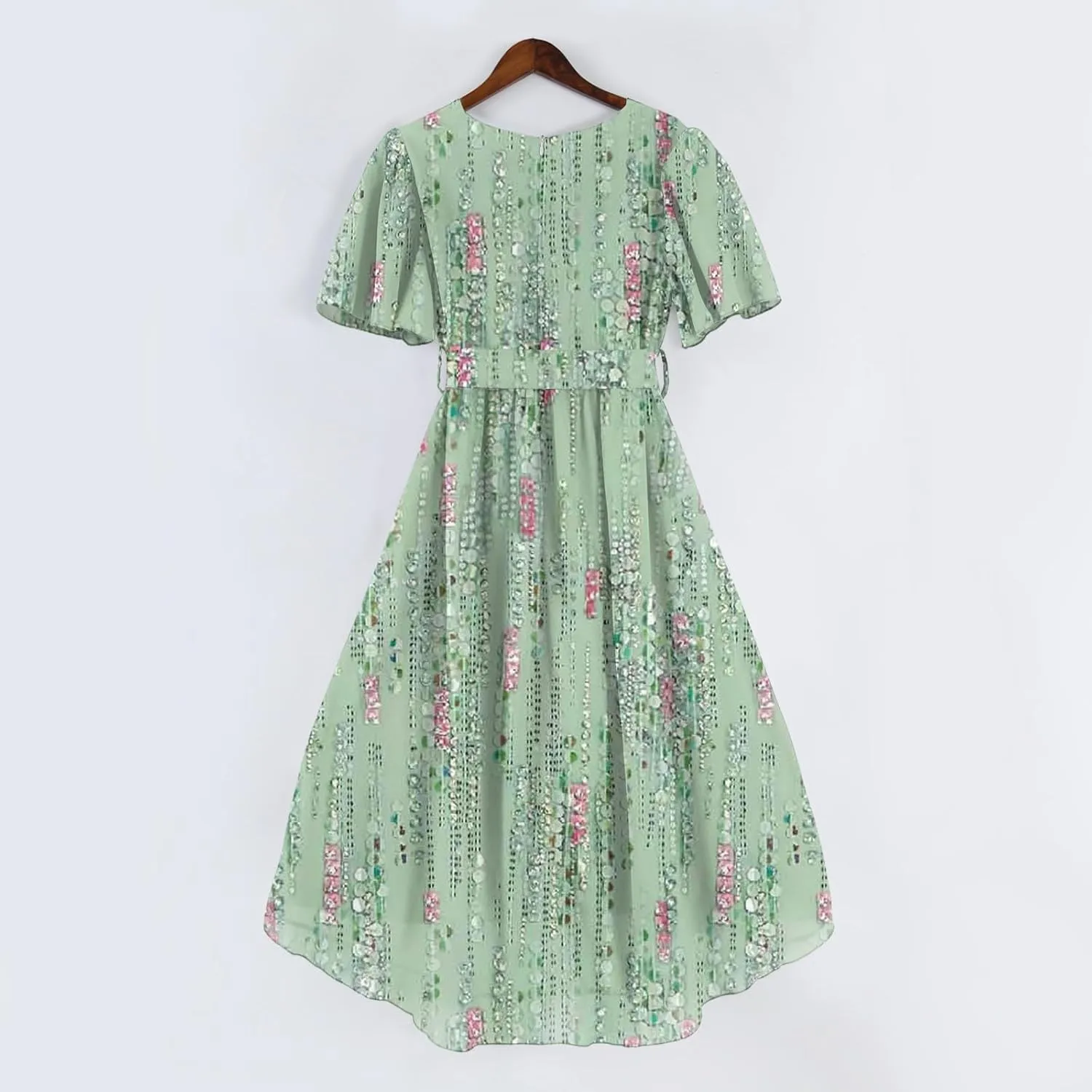 Dresses for Women 2025 Summer Print V-Neck Empire Waist Chiffon A-Line Dress Belted Elegant Flowy Dresses