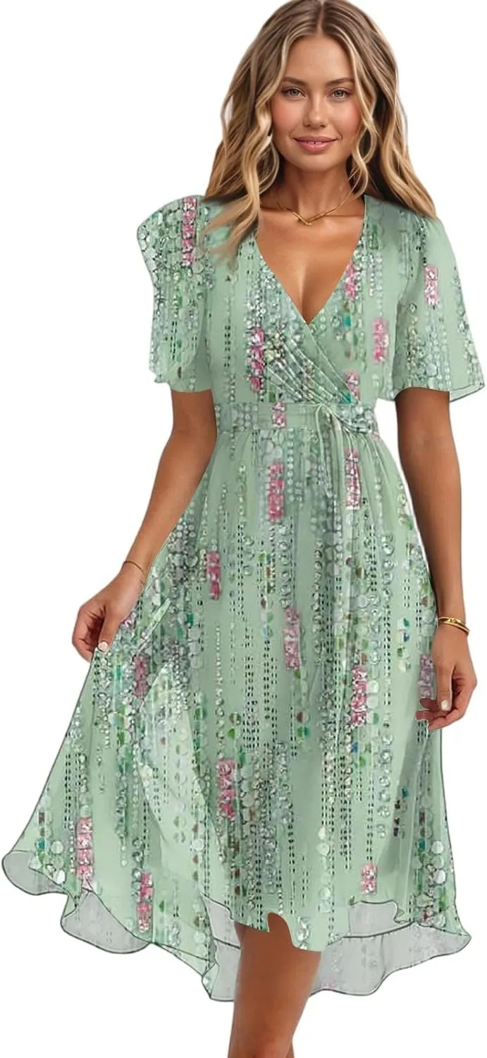 Dresses for Women 2025 Summer Print V-Neck Empire Waist Chiffon A-Line Dress Belted Elegant Flowy Dresses