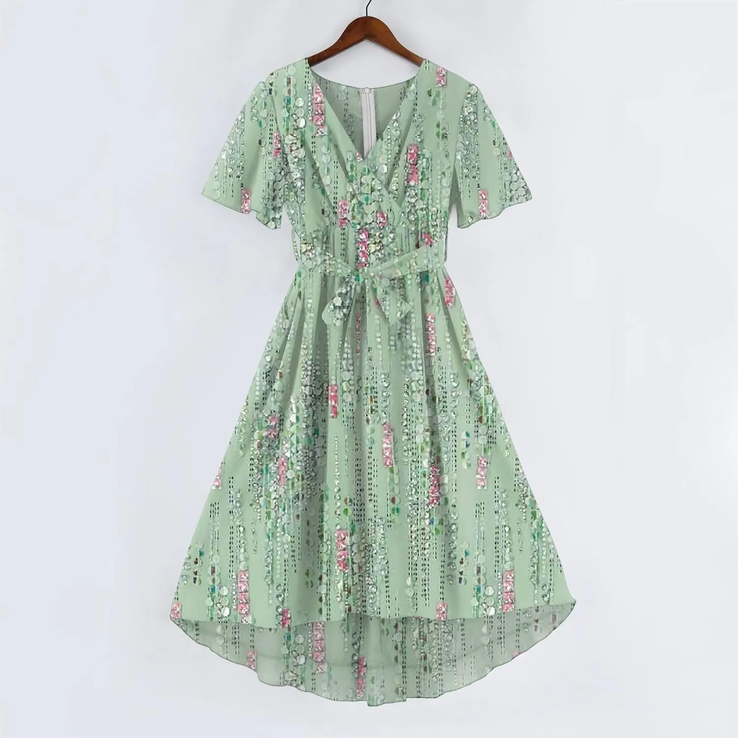 Dresses for Women 2025 Summer Print V-Neck Empire Waist Chiffon A-Line Dress Belted Elegant Flowy Dresses