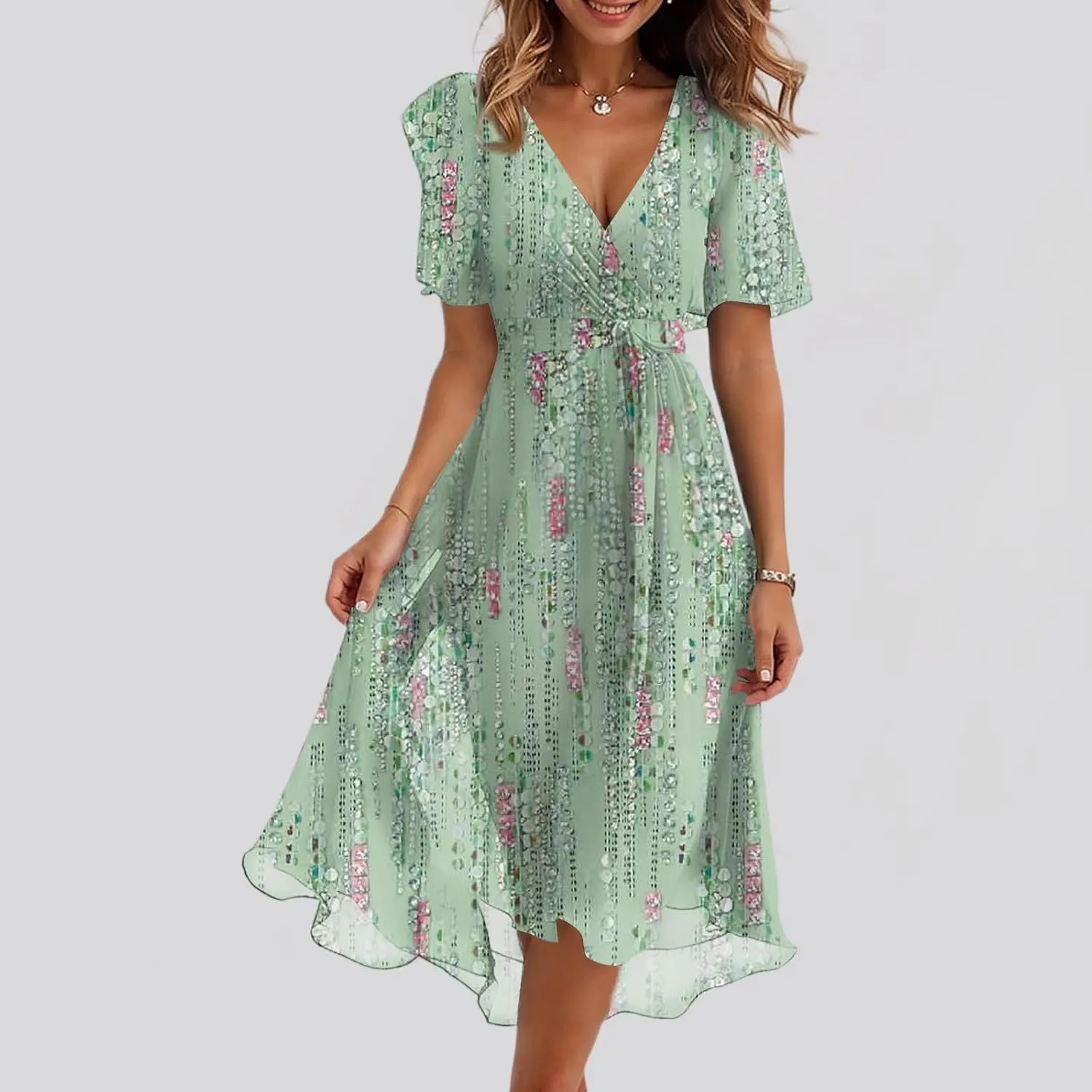 Dresses for Women 2025 Summer Print V-Neck Empire Waist Chiffon A-Line Dress Belted Elegant Flowy Dresses