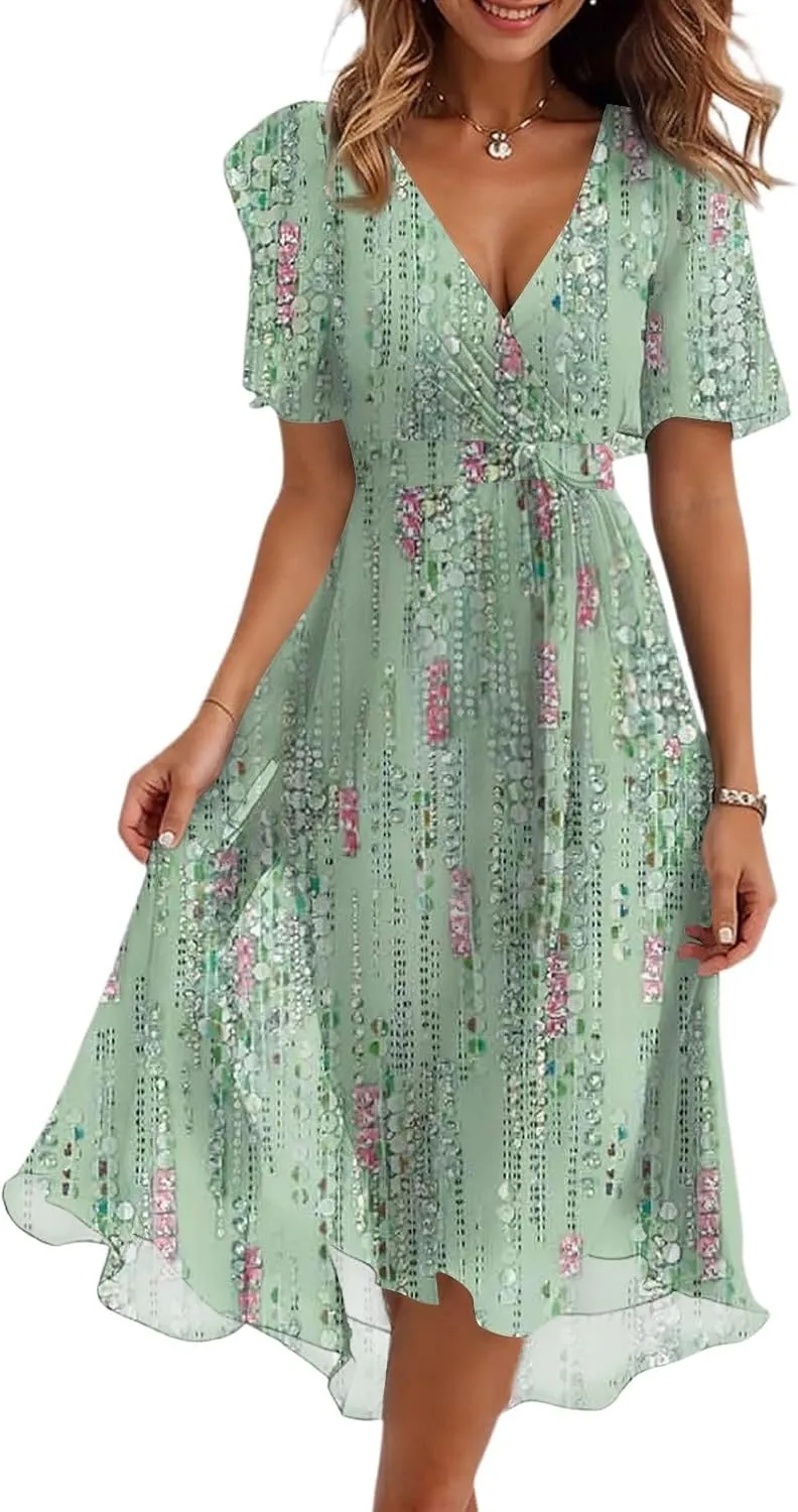 Dresses for Women 2025 Summer Print V-Neck Empire Waist Chiffon A-Line Dress Belted Elegant Flowy Dresses
