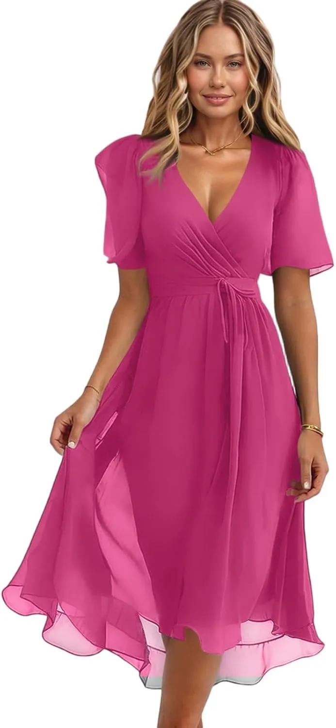 Dresses for Women 2025 Summer Print V-Neck Empire Waist Chiffon A-Line Dress Belted Elegant Flowy Dresses