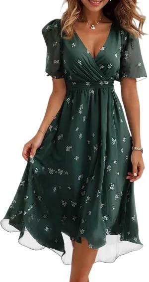 Dresses for Women 2025 Summer Print V-Neck Empire Waist Chiffon A-Line Dress Belted Elegant Flowy Dresses
