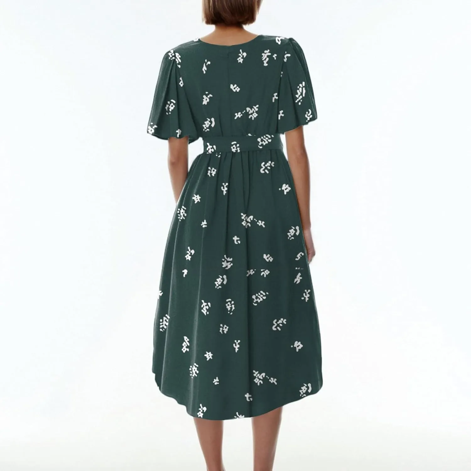 Dresses for Women 2025 Summer Print V-Neck Empire Waist Chiffon A-Line Dress Belted Elegant Flowy Dresses