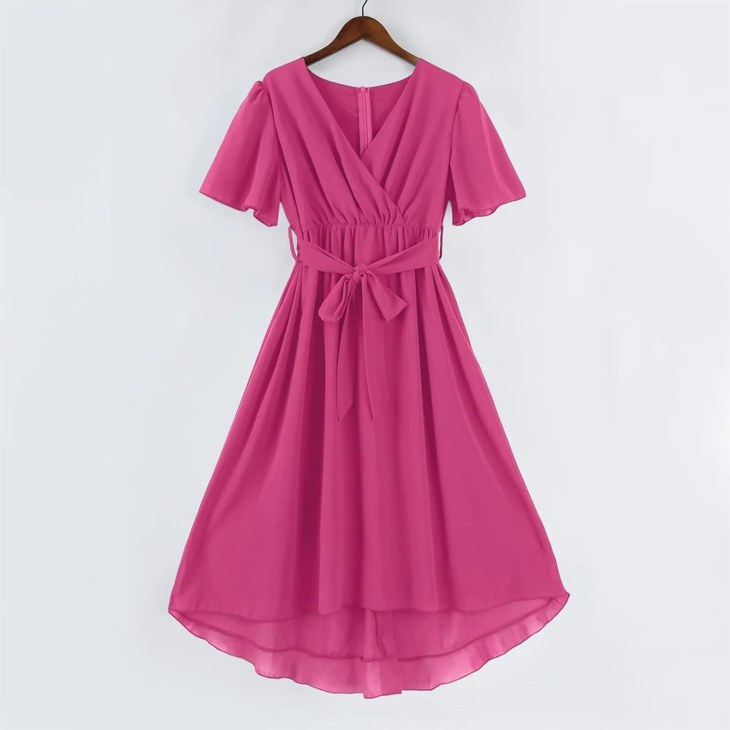 Dresses for Women 2025 Summer Print V-Neck Empire Waist Chiffon A-Line Dress Belted Elegant Flowy Dresses