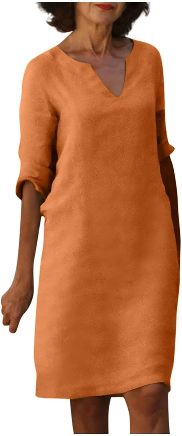 Dresses for Women Spring Cotton Linen V-Neck Floral Flare Midi Summer Dress Boho Floral Elegant Flowy Dresses