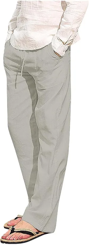 Dudubaby Polyester Pants Men Men Fashion Cotton Linen Plus Size Casual Elastic Waist Pockets Long Pants