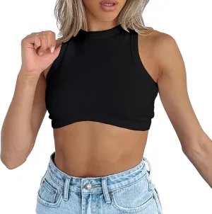 Dwnval Sexy Sleeveless Crewneck Tank Top Ribbed Knitted Crop Tops for Women