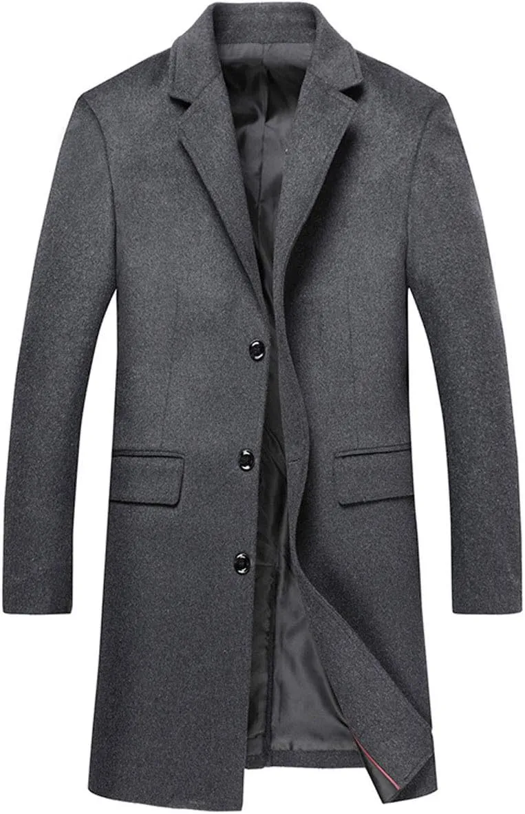 ebossy Men's Single Breasted Cashmere Wool Overcoat Mid Length Trench Top Coat