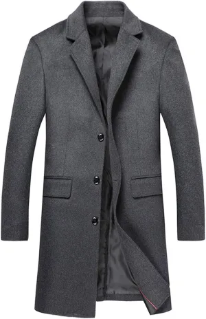 ebossy Men's Single Breasted Cashmere Wool Overcoat Mid Length Trench Top Coat